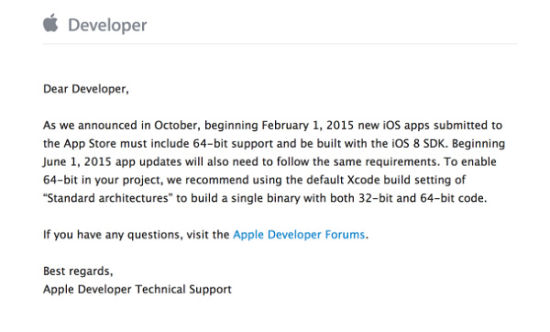 苹果对开发者再发提醒：明年中需全面支持64位