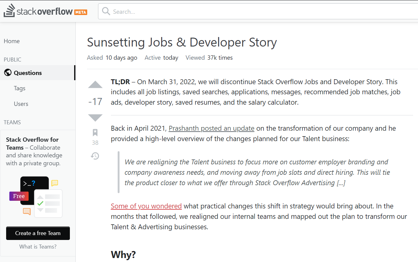 Stack Overflow将停用 Jobs、Developer Story、Salary Calculator 功能